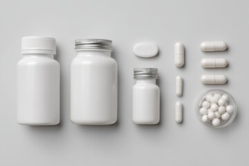 Minimalist Flat Lay - White Medicine Bottles, Capsules, and Pills on Clean Grey for Health  Wellness.