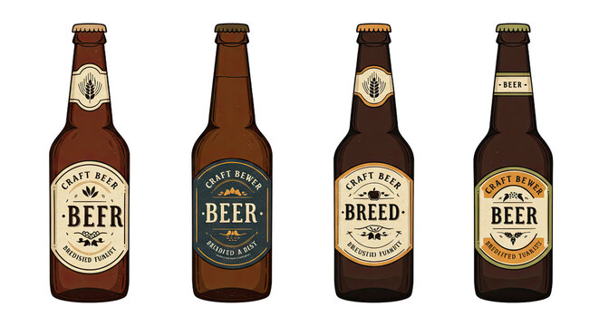 Set of four craft beer bottles with vintage labels isolated on white background, ideal for beverage or brewery marketing