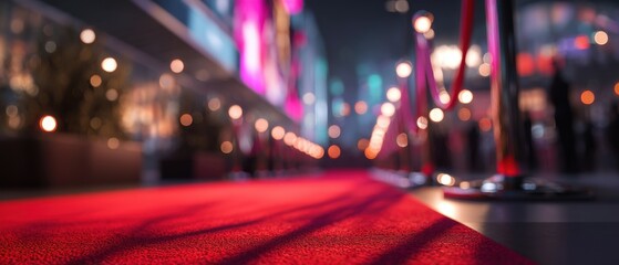 Red Carpet Event Entrance with Ropes and Lights at Night Low Angle View for Awards Ceremony or Premiere in City