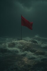 Red flag warning waves crashing ocean storm dark sky ominous mood conceptual photography coastal danger nature