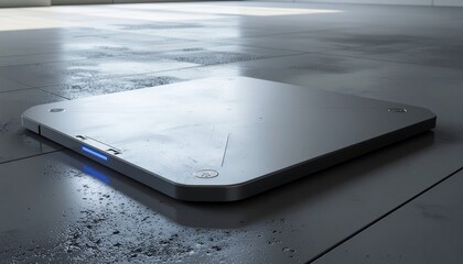 Square platform with blue light on wet floor