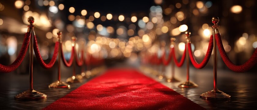Elegant Red Carpet Event Perspective with Golden Stanchions and Bokeh Lights for Awards Ceremony or Premiere Night