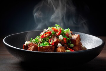 Gourmet Asian Dish - Sizzling Pork Belly with Vibrant Garnish in Moody Lighting.