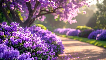Enchanting Purple Azaleas Blossom Along a Sun-Drenched Garden Path.