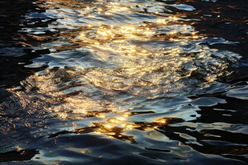 Golden sunlight reflecting on rippling water surface abstract close up shot nature photography