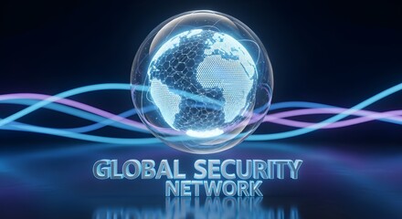 Futuristic global security network represented by a glowing digital earth inside a transparent sphere with abstract light trails