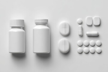 Minimalist Pharmaceutical Arrangement - White Pill Bottles and Assorted Tablets on White Surface.