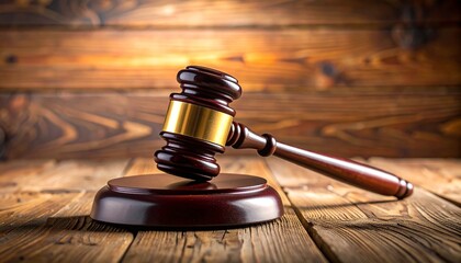 Judge’s gavel resting on a wooden block with a dramatic sunset cityscape in the background, symbolizing justice and civic authority.