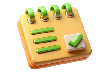 3d rendered yellow notepad with green check mark icon, task management, planning, and organization, isolated on transparent background