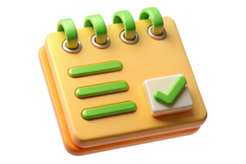 3d rendered yellow notepad with green check mark icon, task management, planning, and organization, isolated on transparent background