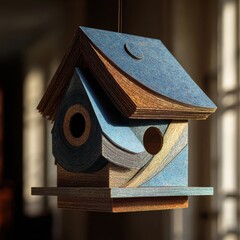 Modern Geometric Birdhouse - Layered Wood, Blue Tones, Artistic Design, Dramatic Sunlight.