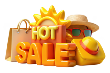 Hot summer sale 3d illustration with shopping bag, sun, hat and sunglasses, promotional offer design, seasonal discount isolated on transparent background