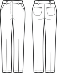 Cad drawing flat vector illustration, technical pants sketch, front and back view, fashion design template, garment construction outline