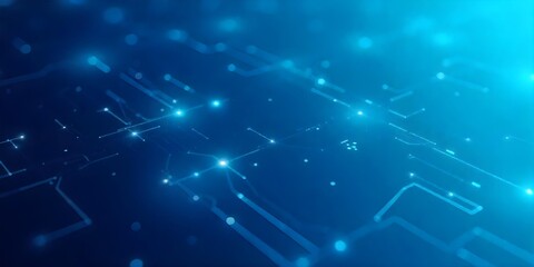 Obraz premium Abstract blue background with glowing circuit board lines and dots, creating a futuristic and technological feel, with a gradient from dark to light blue.