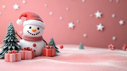 Cute 3D snowman wearing a Santa hat surrounded by Christmas trees and gift boxes on festive winter background, joyful holiday scene with copy space for seasonal greeting or design.