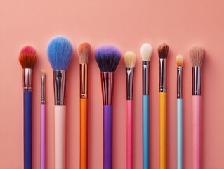 Fototapeta premium Colorful pastel makeup brushes on peach background product photography