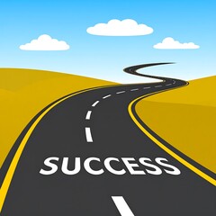 Cartoon winding road leading towards the horizon with word "SUCCESS