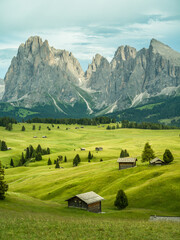 Dramatic landscape in the Dolomites, Italy. Green alpine meadows, wooden huts, and majestic mountains under a mix of sunlight and storm clouds — pure natural harmony and power.