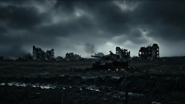 Aftermath: Tank and Ruins Under Stormy Sky