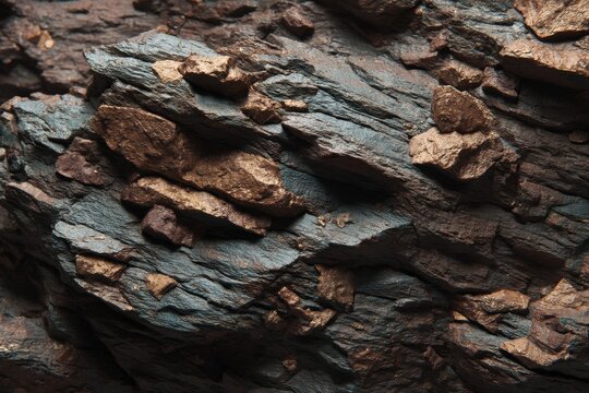 Close-up of layered rock formation with metallic deposits showing geological texture and natural pattern in earth tones