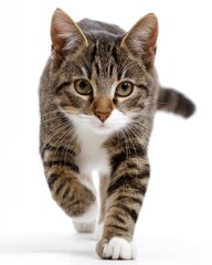 Obraz premium Striking tabby cat walking forward on white background studio shot looking at camera domestic animal pet feline