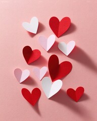 Red and White Paper Hearts on Pink Background, Valentines Day Concept, Top View.