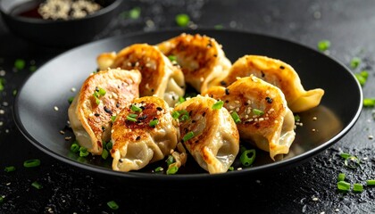 Golden pan-fried dumplings garnished with sesame seeds and green onions on black plate, served with dipping sauce in appetizing Asian presentation.