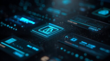 Secure online payment interface, displaying glowing lock and credit card icons, suitable for fintech and financial security.