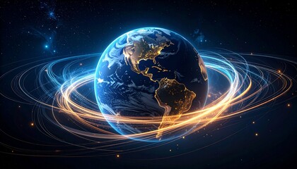 Digitally rendered Earth from space with glowing blue and orange light trails around the Americas, symbolizing global connectivity and technological flow.