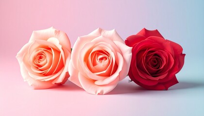 Three blooming roses—deep red center flanked by light pink roses—against soft pink background, emphasizing symmetry, contrast, and floral elegance.