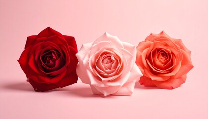 Three blooming roses—deep red center flanked by light pink roses—against soft pink background, emphasizing symmetry, contrast, and floral elegance.