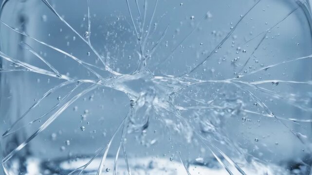 Detailed slow motion of a solid ice block fracturing into intricate cracks power, fissures, impact