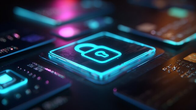 Secure online payment interface, displaying glowing lock and credit card icons, suitable for fintech and financial security.