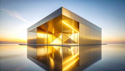 Abstract golden sculpture with angular shapes and internal illumination on minimalist floor, blending modern design, light, and reflective surfaces.