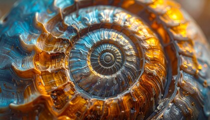 Polished spiral ammonite fossil with segmented chambers in orange and brown minerals, set in rock matrix highlighting its prehistoric structure.