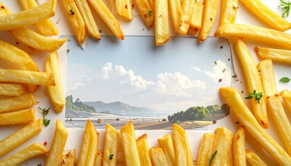 Golden French fries arranged in a rectangular frame on dark surface with empty center space, ideal for food branding or creative presentation.