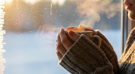 Close up of hands holding a warm mug of steaming beverage by a window with frost during winter season