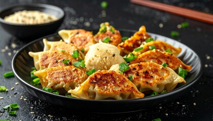 Golden pan-fried dumplings garnished with green onions and sesame seeds on black plate, with chopsticks and fresh ingredients on dark surface.