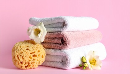 Stack of folded towels in white, pink, and gray with bath sponge and white flowers on pink background, evoking spa-like calm and cleanliness.