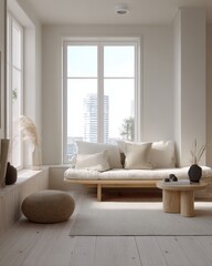 Serene Minimalist Living Room with Natural Light and Cozy Seating Area.