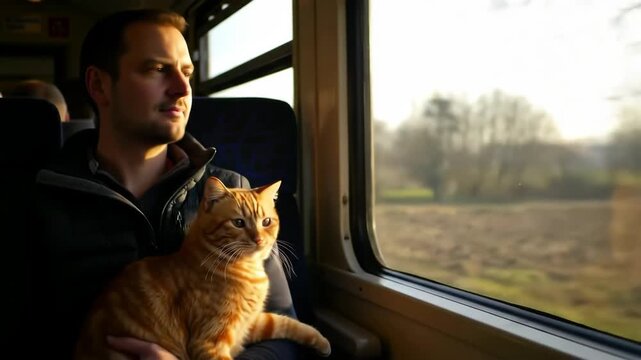 A man travels with his ginger tabby cat on his lap, both looking out the train window at the sunny landscape.