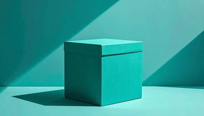 Minimalist turquoise box with lid casting diagonal shadow on matching turquoise background, emphasizing light, form, and monochromatic design.