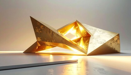 Abstract golden sculpture with angular shapes and internal illumination on minimalist floor, blending modern design, light, and reflective surfaces.