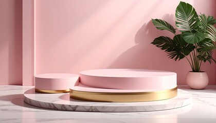Minimalist pink and gold podiums on white marble with soft shadows, ideal for elegant product display in beauty or fashion settings.