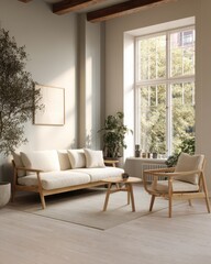Serene Scandinavian Living Room with Abundant Natural Light and Lush Greenery.