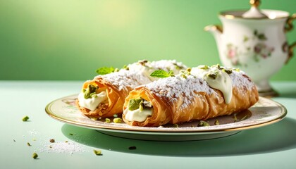 Two cannoli with golden-brown shells and green cream filling, dusted with powdered sugar on a floral plate in a softly lit, fresh setting.