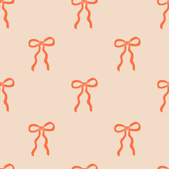 Pattern with hand-drawn red ribbon bows. Cute seamless texture on beige background. Vector illustration for textile or wrapping paper