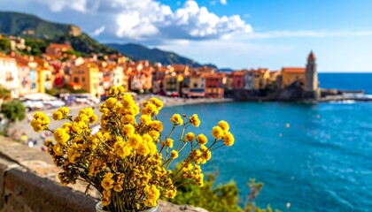 Scenic coastal town with vibrant buildings, turquoise sea, yellow flowers in terracotta pot, and mountain backdrop under a sunny sky.