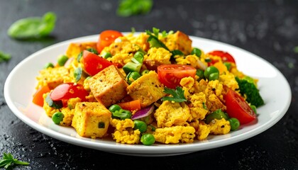 Healthy plated meal with yellow savory squares and fresh salad of cucumbers, cherry tomatoes, and greens on white dish over dark surface.