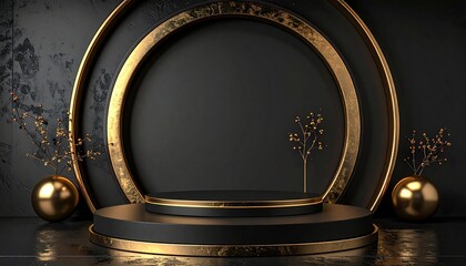 Luxurious black and gold stage with concentric golden rings, tiered circular platform, golden spheres, and tree-like sculptures in a dramatic setting.